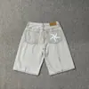 Conjunto Jeans Cross-Cor Devil com Bordado de Estrela High Street Americana Vintage Desgastado Casual Jaqueta de Cinco Pontos