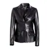 Elegante blazer de cuero para mujer con cuello de solapa, diseño de dos botones, corte ajustado, chaqueta de cuero negra, versátil para ir al trabajo