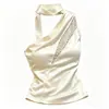 Top Cropped de Renda Patchwork com Amarração no Pescoço Feminino Verão Transfronteiriço Hot Girl Franja Ombro Único Manga Curta Vazado