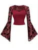 Roupas Femininas Transfronteiriças Europeias e Americanas 2025 Novo Estilo Renda Patchwork Malha Sexy Manga Longa Design Camiseta