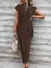 2025 Elegante Vestido Largo de Verano para Mujer de Alta Gama con Cinturón de Cintura Cruzado, Rayado, de Cuello Redondo y Manga Corta