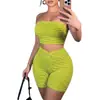 60650 Moda europea y americana para mujer producto nuevo de moda: Conjunto de top strapless con bloques de color a rayas de alta elasticidad y hombros descubiertos con shorts