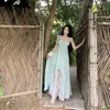 Vestido Largo Verde Exquisito de Cuello Halter Estilo Francés para Mujer, Vacaciones de Verano en la Playa Pura Deseo Sexy Espalda Descubierta