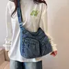 Bolsa de tela de mezclilla duradera para mujer, bolsa cruzada para el trabajo, bolsa de hombro versátil con múltiples bolsillos, bolso cruzado grande casual para mujer