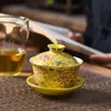 Esmalte Sancai Bol Tazón de Té Kung Fu Juego de Té Amarillo Imperial Taza de Té Individual Tapa para Tazón de Té Tamaño Pequeño