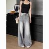 Jeans Wide-Leg Lavado Cinza Claro Petite com Efeito Ondulado para Mulheres, Cintura Alta, Caimento Fluido, Solto, Emagrecedor, Calça Reta Comprimento Total