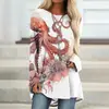 Camiseta de Mujer Transparente Nueva de Verano con Mangas Largas, Estampado Digital 3D Personalizado de Calamar, Cuello Redondo, Pedido Mínimo Una Pieza