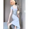 Vestido Amarillo Cremoso con Cuello en U y Ceñido a la Cintura para Mujer, Nuevo Estilo de Verano, Suave y Elegante, Adelgazante, Fruncido, Bodycon, Vestido Largo de Cola de Pez