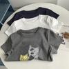 Camiseta de Algodão Puro Canelada com Estampa de Gato de Manga Curta Versão Coreana Verão Gola Redonda Pulôver Estudante Redutora de Idade Top Versátil Novo Estilo