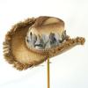 Sombrero de Paja Transpirable de Verano Hueco Protección Solar Sombrero de Vaquero Pluma Rafia Borde Crudo Sombrero de Paja Temperamento Estilo Británico Sombrero de Copa