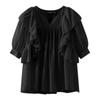 Nueva Ropa Exterior Chinoiserie para Mujeres Gorditas mm Camisa Babydoll Holgada de Verano de Manga Corta que Cubre la Barriga Cuello en V Camisa con Volantes para Mujer