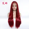 Moda europea y americana de fibra química encaje medio tejido a mano conjunto para la cabeza color rojo vino pelo de muñeca pelo largo liso peluca fabricantes al por mayor en stock