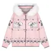 Cárdigan de punto con capucha y cuello de pelo retro americano, suéter de punto Fair Isle con estampado de perrito para hombre y mujer en otoño e invierno