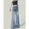 Jeans Vintage de Mujer de Nuevo Estilo Americano, Azul Claro, de Cintura Alta, Ligeramente Acampanados, Corte Holgado