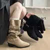 Botas apiladas vintage marrones para mujer, nuevo estilo otoño e invierno 2026, botas de jinete de media pantorrilla, botas western western de punta Maillard