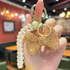 Llavero de Lazo Popular Estilo Coreano Incrustado de Diamantes Creativo DIY Hecho a Mano Cadena de Perlas Colgante Exquisito para Mochila Pequeña para Niñas