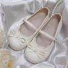 Novedad 2025 Estilo Francés Retro Blanco Punta Redonda Moño Planas de una Sola Capa Zapatos para Mujer Primavera Slip-on Suela Suave Zapatos Lenteja
