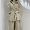 Traje Feminino da Moda com Elegância Estilo Francês, Camisa de Cor Sólida com Amarração na Cintura, Conjunto de Duas Peças com Calças Casuais de Cintura Alta e Pernas Largas para o Verão