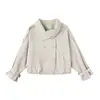 Gabardina vintage de doble botonadura color caqui con solapas para mujer, nuevo estilo otoño 2026, talla petite, chaqueta corta de alta gama para el trabajo