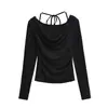 Camiseta Sexy de Mujer con Hombros Descubiertos, Cuello Halter de Corbata, Manga Larga, Nuevo Top de Primavera Ajustado con Fruncidos de Color Sólido para Mujer