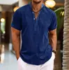Camisa Masculina de Manga Curta Estilo Europeu e Americano para o Verão, Camisa Masculina Meio Aberta de Cor Pura com Gola Alta, Manga Curta de Linho