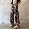 Macacão Americano Camuflado de Perna Larga Masculino e Feminino Mesma Moda High Street Cordão Caimento Solto Reto Calças Casuais Homem