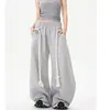 Pantalones Grises de Pierna Ancha Curvados para Mujer Estilo Retro Americano, Pantalones de Chándal Sueltos Casuales, Pantalones Rectos de Longitud Completa