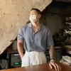 Camiseta Cárdigan Fresca de Seda Hielo de Verano Top de Punto Rayado de Lujo Ligero Tendencia para Hombre Transpirable Holgado de Manga Corta
