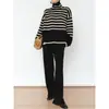 Outono e Inverno Europeu e Americano Novo Design Solto Nicho Listrado Gola Alta Tricô Feminino Versátil Tricô Tricotado Suéter Jaqueta