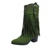 Nuevo estilo de comercio exterior 2026: Botas de mujer de estilo western, de tacón alto, punta fina, con flecos, de media pantorrilla, gamuza, tacón grueso, cómodas y versátiles, disponibles en tallas grandes