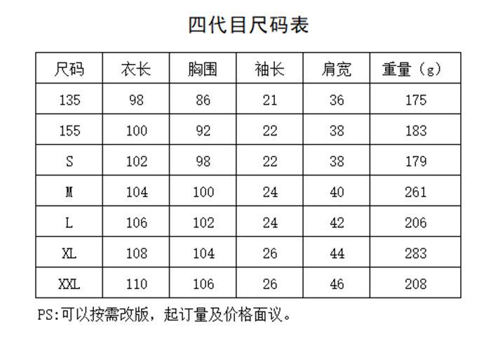 四代目尺码表