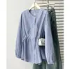 2026 Otoño Nuevo Talla Grande Mujer Vintage Versátil Cintura con Cordón Rayas Manga Larga Camisa Top 0714