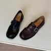 Mocasines Brogue Tallados de Cuero Genuino de Vaca para Mujer, Tacón Bajo, Estilo Británico, Hebilla, Punta Cuadrada, Suela Plana, Talla Pequeña