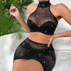 Amazon Ropa Europea y Americana para Mujer Malla Red de Pescado Falda Strass Conjunto de Dos Piezas Top sin Mangas Falda Elástica Ceñida al Cuerpo Decorativa Sexy
