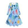 Estilo Europeo y Americano Primavera y Otoño Dibujos Animados Animales Marinos Tortuga Sol Playa Impresión Digital 3D Vestido de Manga Larga para Niñas para Vacaciones