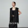 Jaqueta Colete Simples de Gola V sem Mangas para Mulheres, Novo Estilo Início da Primavera 2026, Petite, Elegante, Versátil, Top Preto Emagrecedor