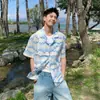 Camisa de Manga Corta con Patrón de Ola Americana Hueca y Cuello Cubano para Hombre, Verano, Tendencia, Estilo Vacacional, Holgada, Casual, Camisa de Playa