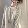 Camiseta Feminina de Manga Longa com Listras Finas e Patchwork para Primavera e Outono 2025 Moda Feminina Mais Fácil de Combinar Casual Preguiçoso Estilo Ins Gola Redonda Top Tendência