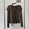 Camisa base Ruoxin de color marrón con mangas abullonadas, estampado de lunares para mujer, con cordones de pompón, encaje y volantes, estilo otoño