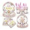 Conjunto de Decoração para Festa Infantil Desenho Animado Tema Animais da Selva Rosa, Copos de Papel para Banho, Pratos de Papel, Guardanapos de Papel, Pratos Descartáveis