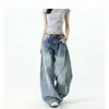 Jeans Curvos Retro Americanos Azul Claro para Mujer, Tendencia de Primavera Versátil Nuevos Pantalones de Pierna Ancha de Cintura Baja Adelgazantes