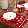 Nuevo mantel individual rojo para San Valentín, para fiestas navideñas, para sala de estar, mantel decorativo con borde cruzado, mantel aislante térmico estampado de lino