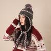 Gorro de Protección Auditiva con Borla de Color Contrastante y Bola de Pelo para Mujer en Otoño e Invierno Engrosado Cálido Rayado Versátil Gorro de Punto Estilo Fair Isle Gorro de Lana