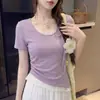 Camiseta Morada Puro Deseo Falsa de Dos Piezas con Parches de Encaje de Manga Corta para Mujer Verano Ajustada Super Bonita Irregular en el Hombro Derecho