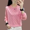 Primavera e Outono Novo Suéter de Manga Comprida Tamanho Grande Chiffon Lace Costura Camisola Base Solto Desgaste Externo Fino Baixo Crewneck