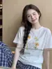 Camiseta de Manga Corta de Algodón Puro con Estampado Fresco y Dulce Estilo Coreano para Mujer, Versátil y Holgada para el Verano, para Reducir la Edad, Top Básico