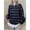 Suéter tejido casual versátil de estilo coreano retro juvenil, holgado, de bloques de color, a rayas, con cuello de solapa, de manga larga