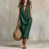 2026 Nuevo Vestido Casual de Algodón y Lino con Mangas Sueltas y Cuello Suelto para Mujer, Transfronterizo Europeo y Americano de Amazon, para Vacaciones