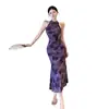 Estilo Novo Primavera e Verão Novo Vestido Cheongsam Melhorado Estilo Chinês com Malha Elástica Floral de Veludo e Saia Longa Cauda de Peixe Justa ao Corpo