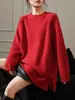 Suéter de lã pura macia com mangas raglan, novo, para outono e inverno, plus size, para mulheres, gola redonda, blusa solta de comprimento médio, casaco estilo casual